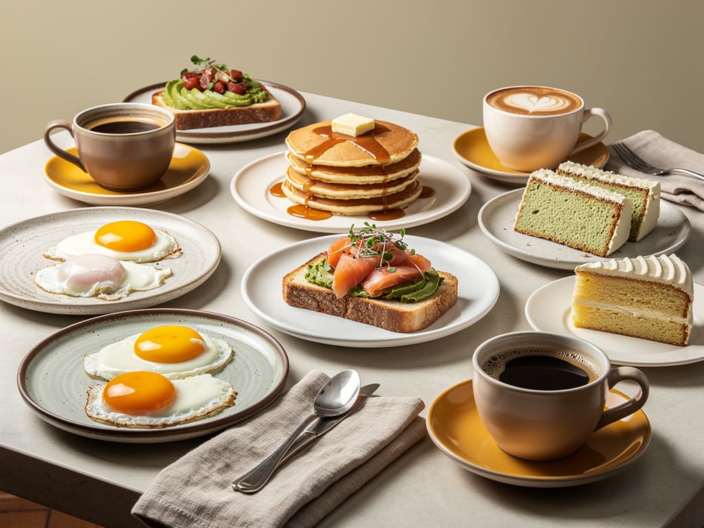 Piatti da brunch assortiti con dolci e caffè su un tavolo della caffetteria