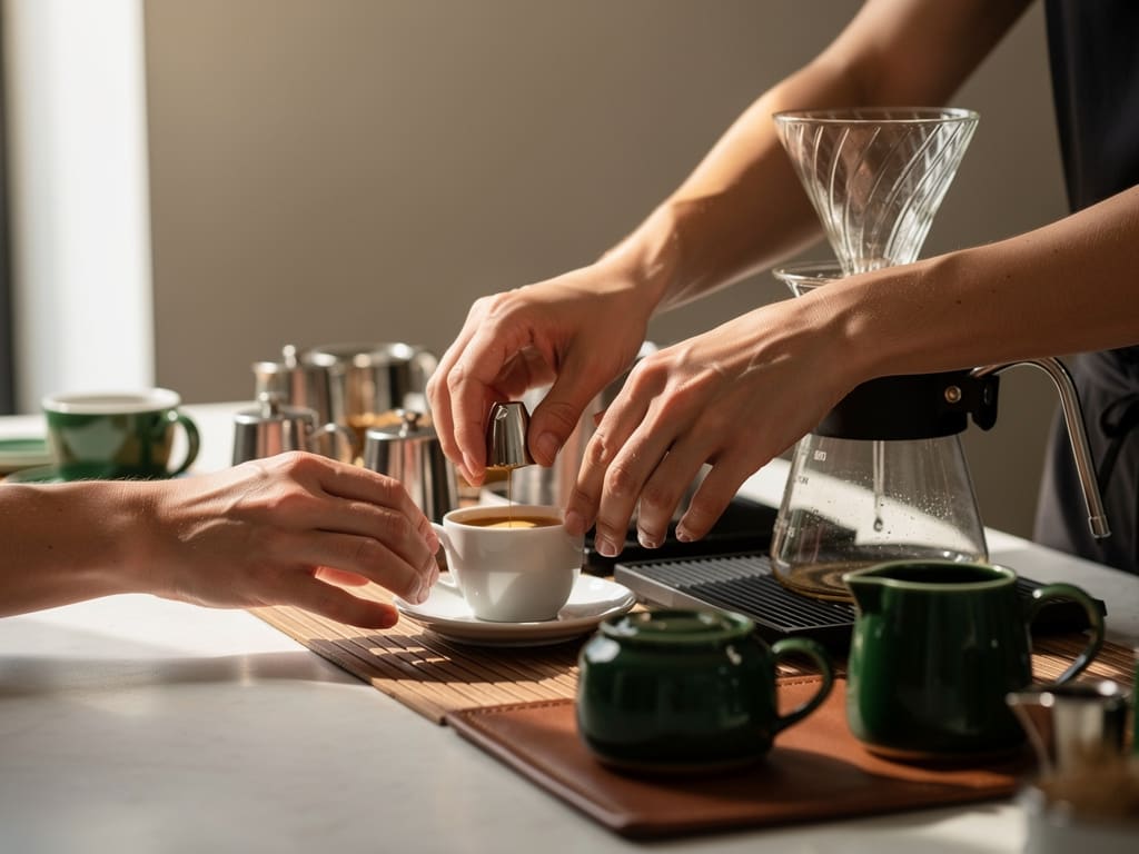 Preparazione di caffè di specialità al banco di una caffetteria per brunch